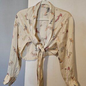 Treesha Vintage Silk Wrap – Off-White with Whimsical Shoe Print, Size P